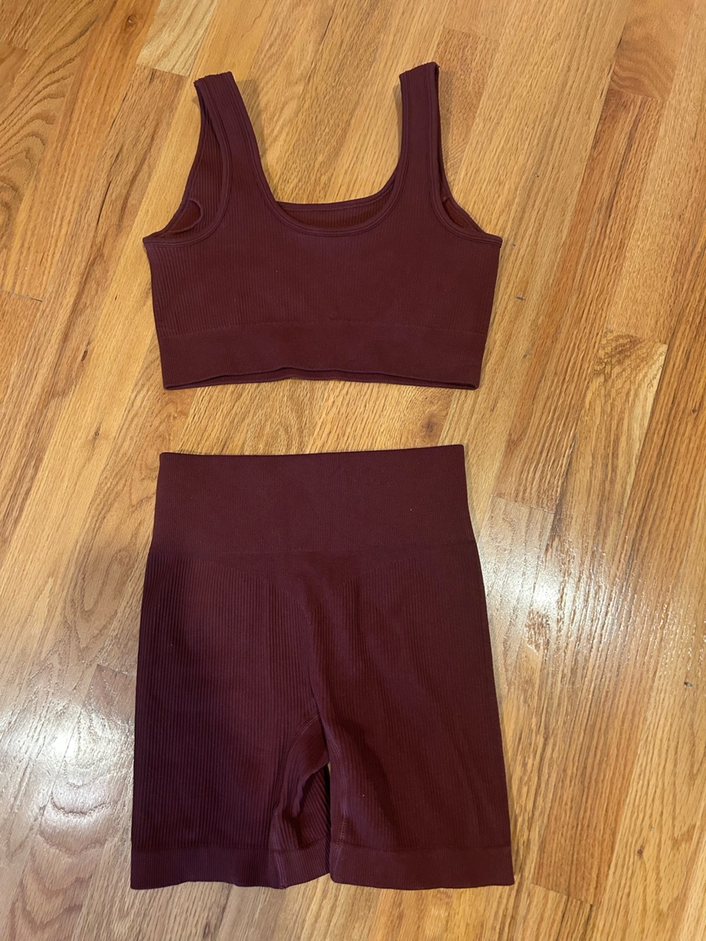 Ribbed Two-Piece Sports Bra Top and Shorts Brown